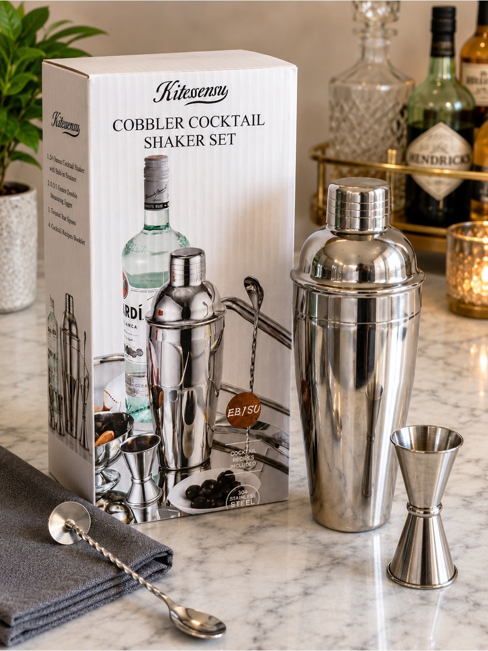 Kitesensy Cobbler Cocktail Shaker Set 4 Pc Stainless Steel Bar Set New